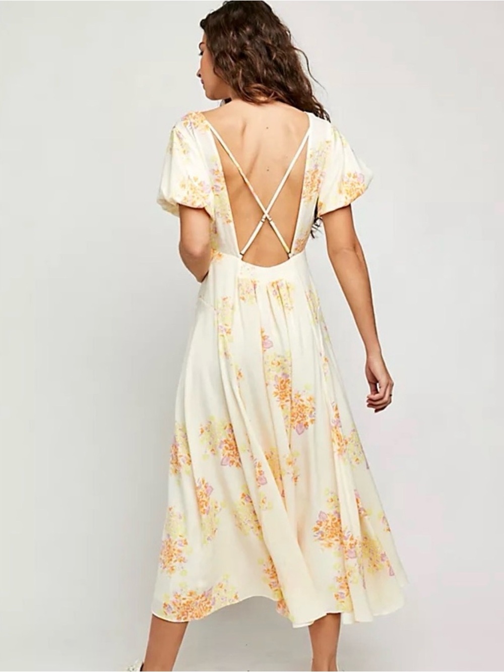 Free People Laura Yellow Maxi Dress w/lavender,orange & Pink Floral Print size L - Picture 6 of 17